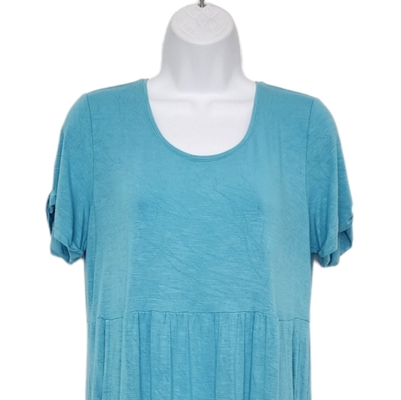 J Jill Scoop Neck Cuffed Jersey Knit Pullover Babydoll Dress Island Blue Pockets - Picture 4 of 8
